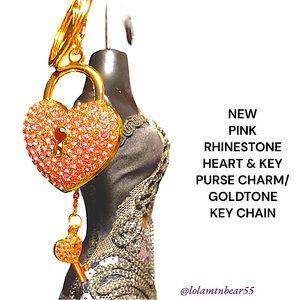NEW PINK RHINESTONE HEART & KEY PURSE CHARM/KEY CHAIN- 5.75” LONG-2”W GOLDTONE